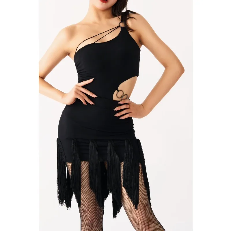 customized slanted shoulder circular jumpsuit with tassel half skirt chest cushion bottom pants Latin practice dress top 2pcs