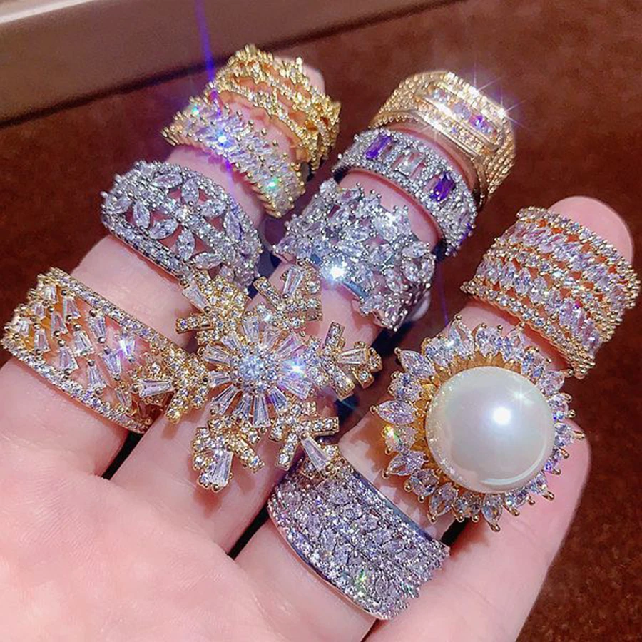 10Pcs/Lot Luxury Zircon Inlay Copper Women\'s Rings Fashion Elegant Mixed Styles Multi Piece Set Finger Accessories Jewelry Gifts