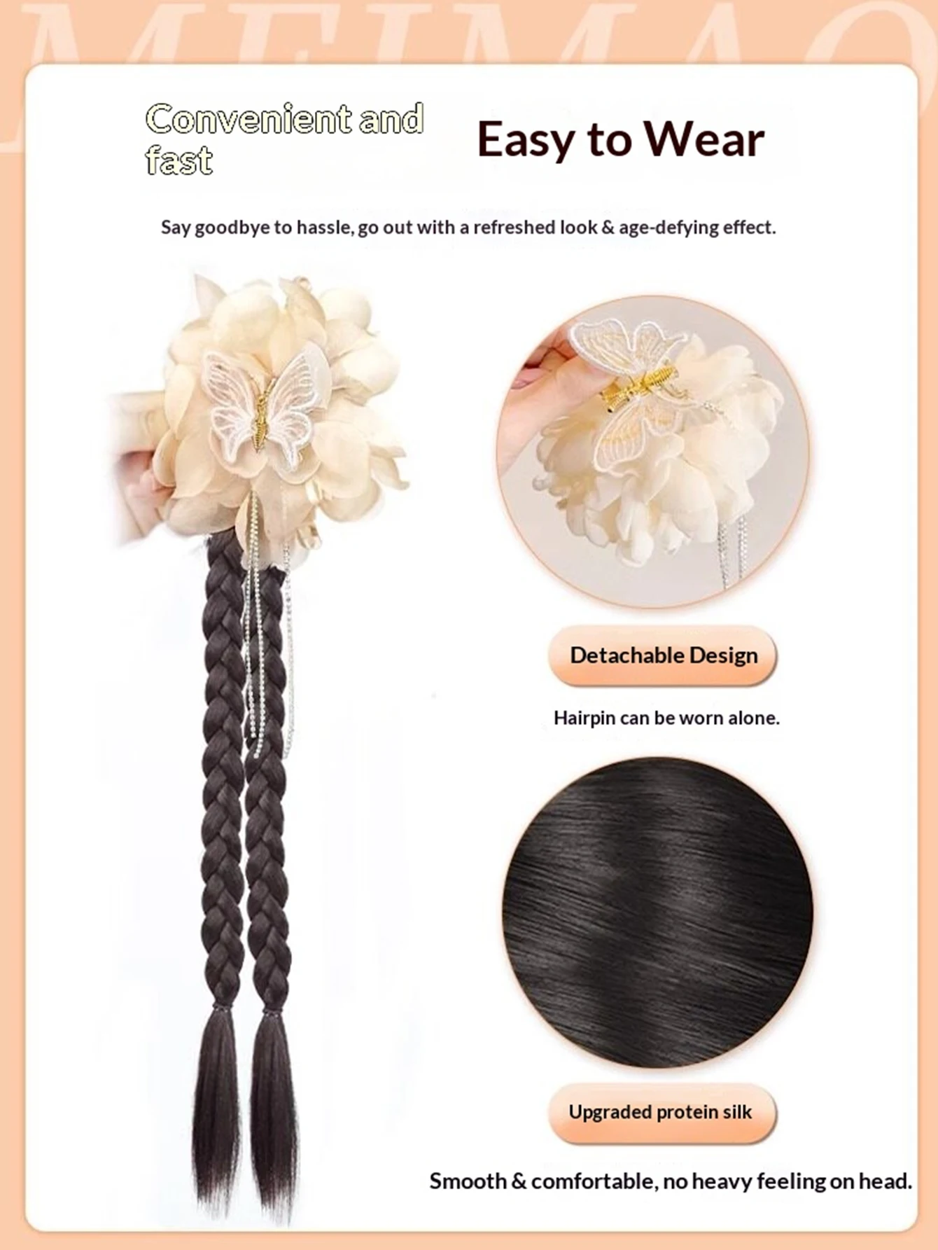 1pc Off White Synthetic Claw Clip Braided Ponytail Flower Bow Hairpiece Fake Hair for Women Girls Daily Party Cosplay view 3