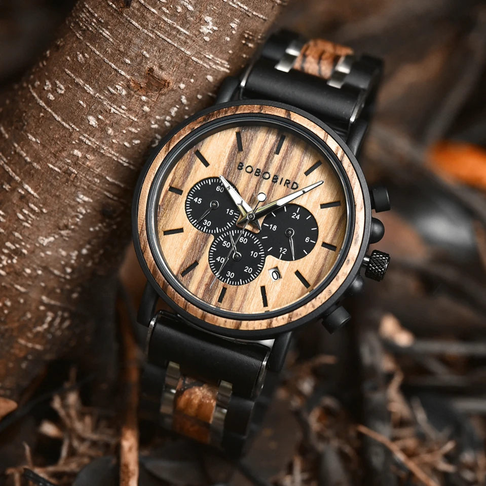 Personalized Men\'s Watches BOBO BIRD Wooden Watch Engraved Text on Back Wristwatch Auto Date Chronograph Support Drop Shipping