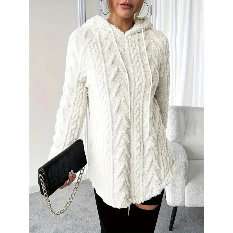 2025 Women's Solid Color Hooded Jacquard Long Sleeved Sweatshirt Jacket Slim Fit Drawstring Fur Sweatshirt