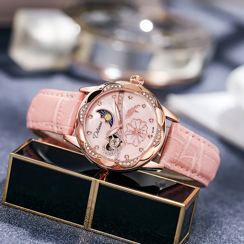 Fashion Classic Pink Mechanical Watch for Women Leather Waterproof Fashion Butterfly Second Hand Design Automatic Watches Womens