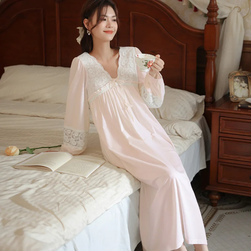 Vintage Spring Autumn Cotton Nightgown Women Lace V Neck Nightdress Solid Color Princess Sleepwear Fairy Long Sleeve Night Dress