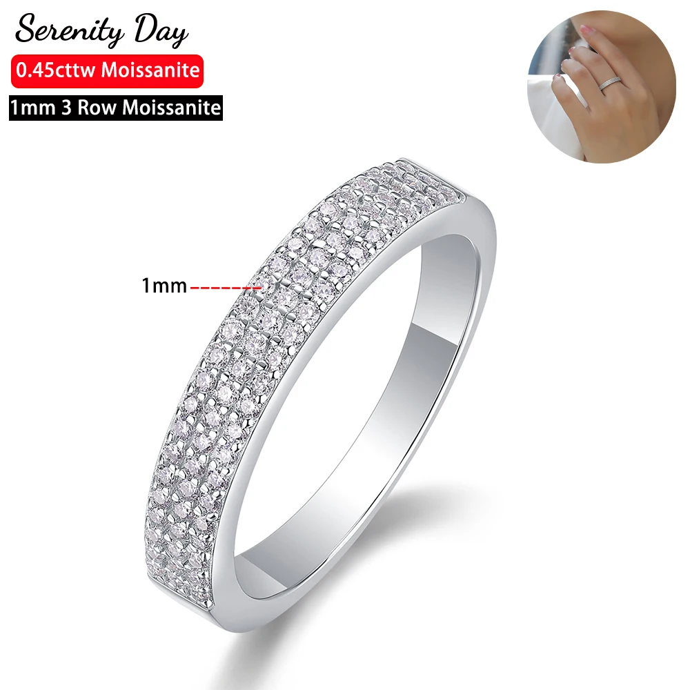 Serenity Day Real D Color 1mm 3 Row Full Moissanite Wedding Rings For Women S925 Silver Bands Plated 18K White Gold Fine Jewelry