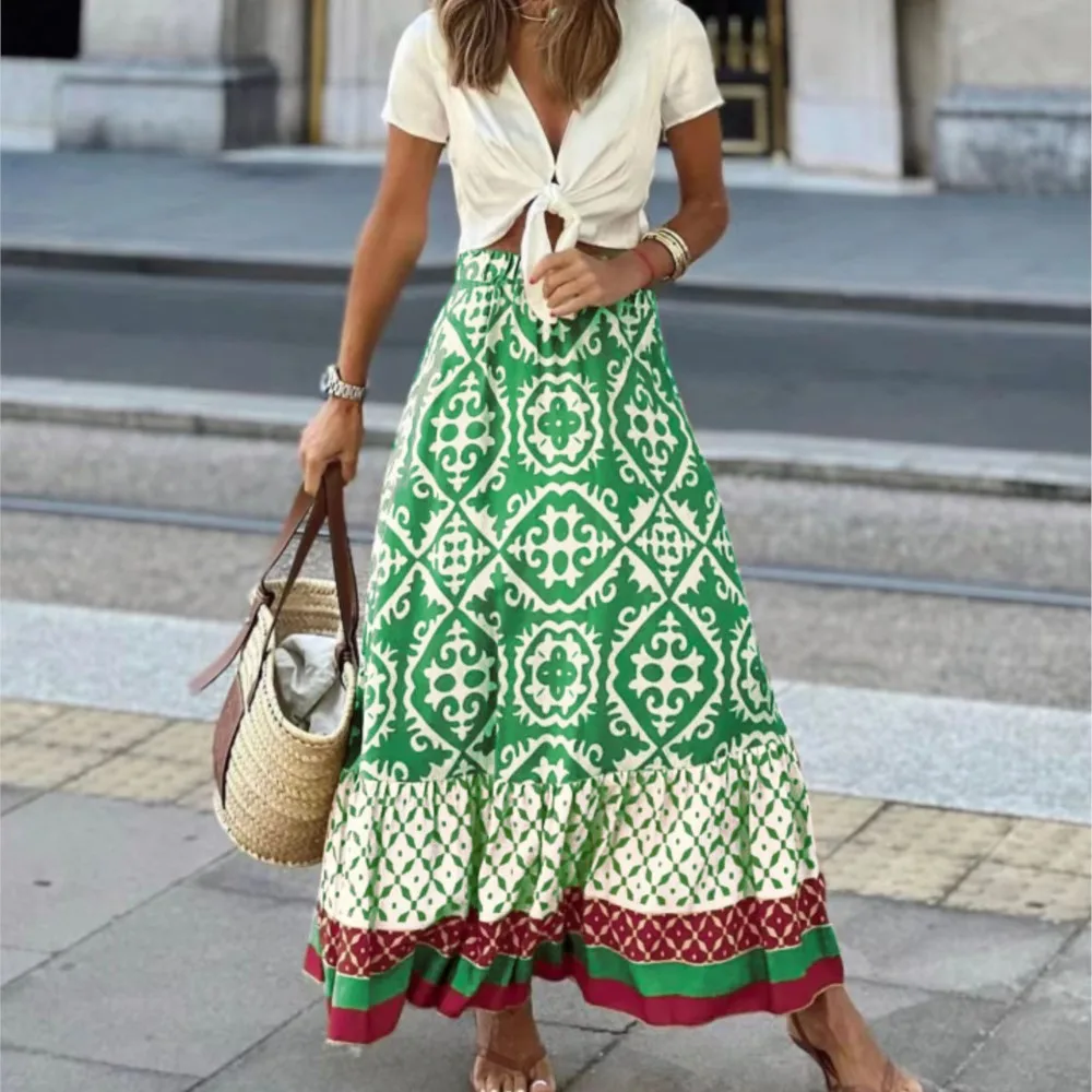 

Boho Geometric Print Skirts Women 2024 Summer Autumn High Waist A-line Big Hem Splic Pleated Skirt Casual Holiday Beach Dresses