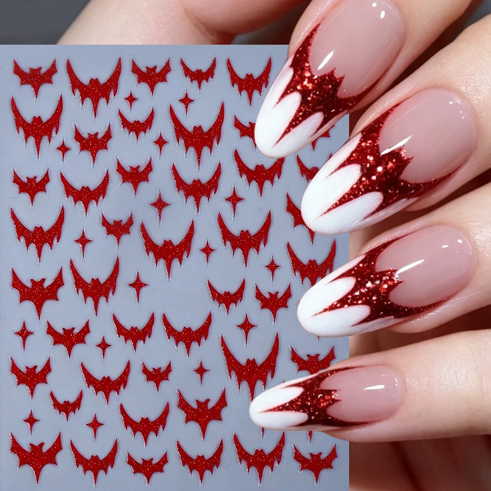 1pcs Halloween Black Transparent Bat Wing Nail Stickers Red Bat French Style Black Cat Nail Decals Lace Starlight Manicure Decal