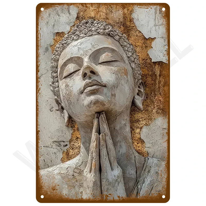 Vintage Aluminium Weathered Buddha Stone Statue Tin Sign, Zen Meditation Figure Wall Decor for Tea Room & Yoga Studio Home