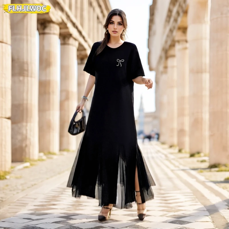 Vestidos de sereia femininos estilo europeu feminino 2025 verão retalhos rendas malha babados preto mistura algodão camiseta vestido