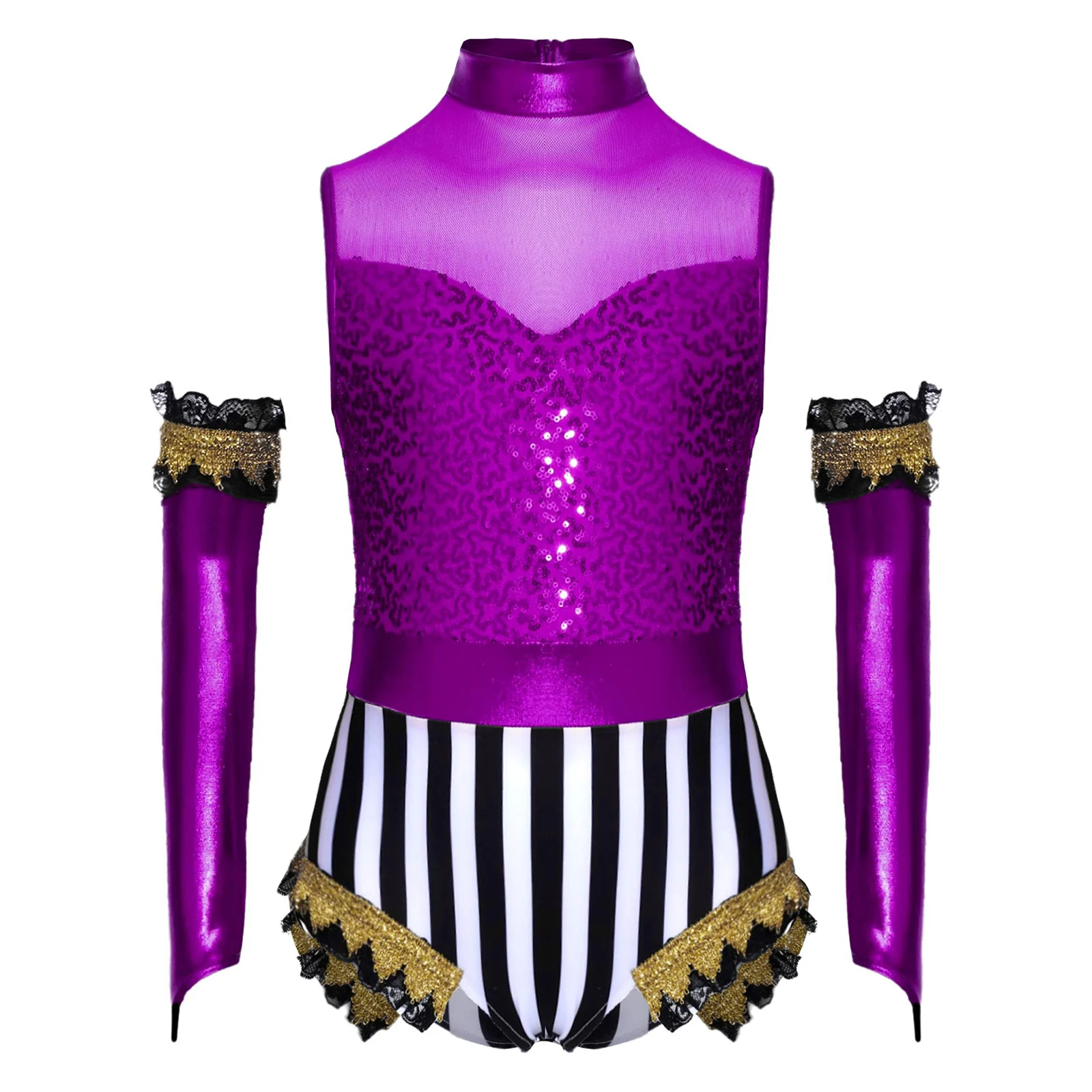 

Girls Circus Jumpsuit 2Pcs Sleeveless Lace Gold Webbing Sequins Bodysuit+Glossy Metallic Over-Sleeve Halloween Cosplay Costumes