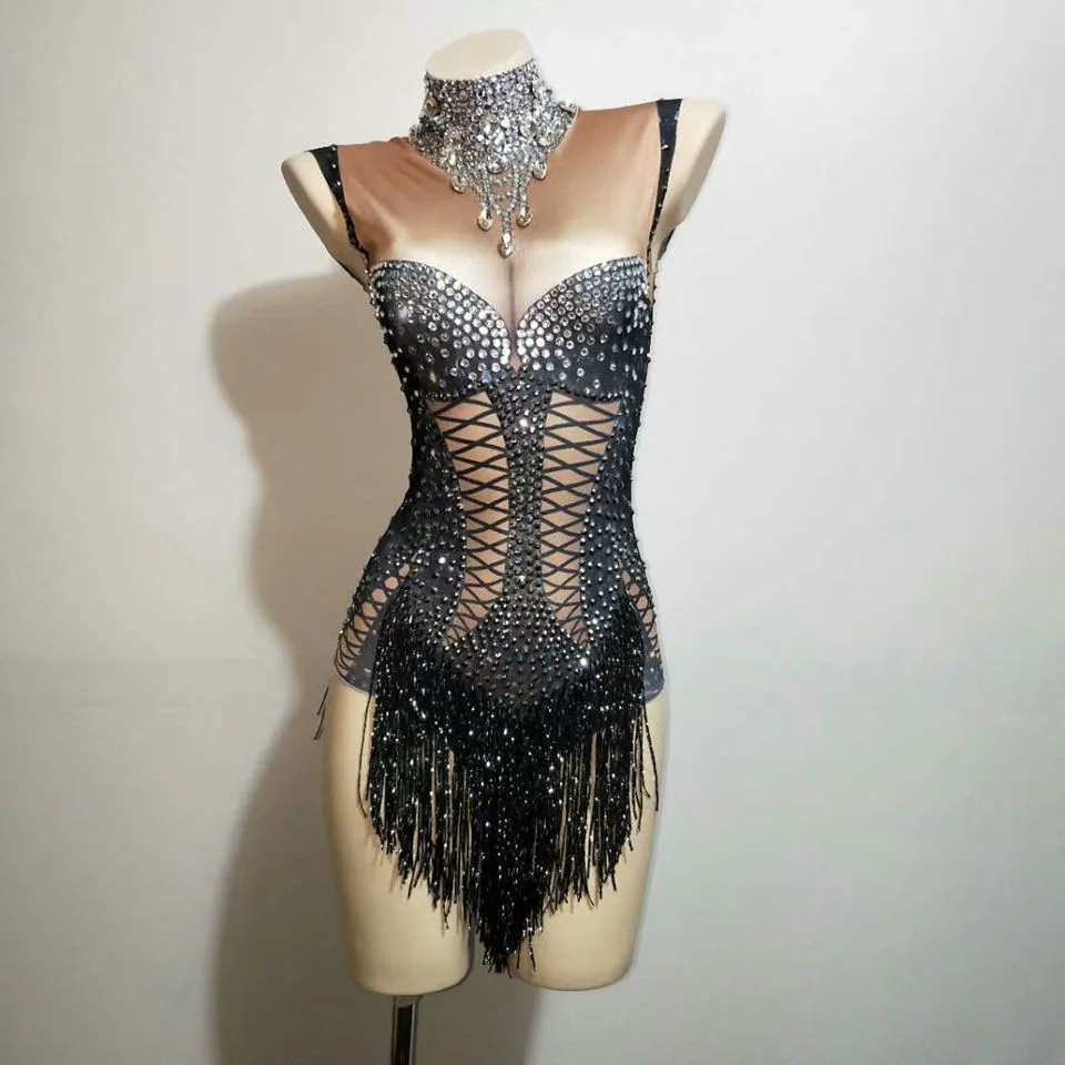 STOCK Wind Singer Dance Glam Shiny Rhinestone Stretch Black Threaded Fringed Onesie Performance Costume Vestidos Luxo Para Festa
