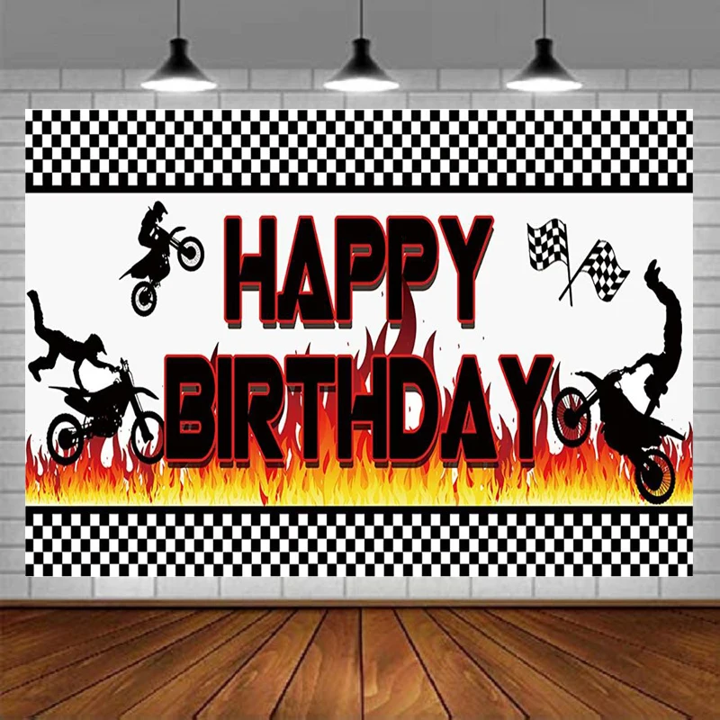 Photography Backdrop Motocross Dirt Bike Racing Happy Birthday Party Sign Banner Supplies Decorations Background Banner Poster