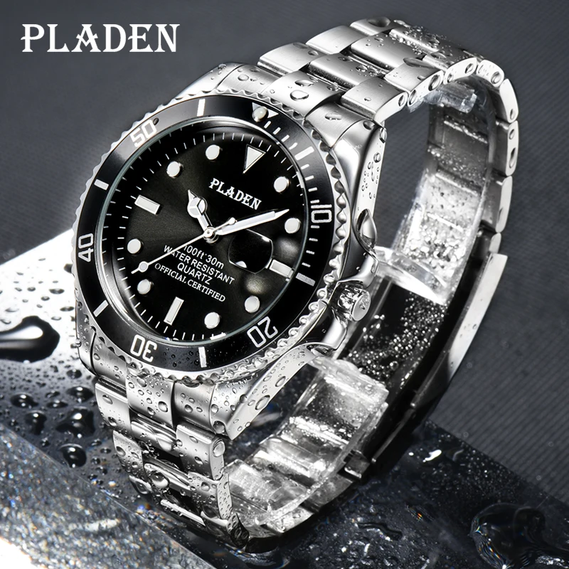 PLADEN Quartz Watches For Men Business Classic Design Wristwatches Waterproof Black Stainless Steel Calendar Watch Reloj Hombre