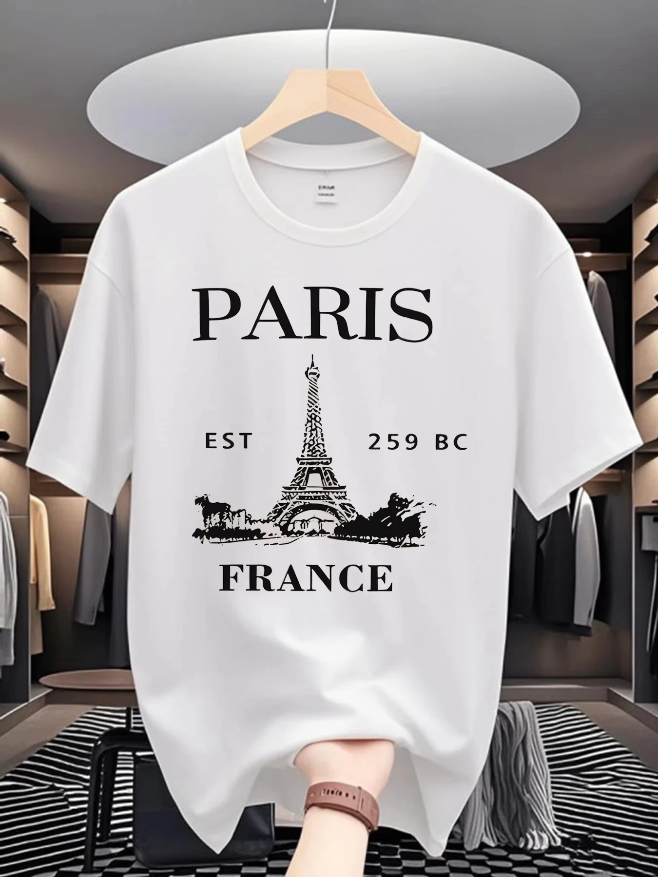 Men's Basic loose Cotton T-shirt Fashionable Paris Eiffel Tower and French Pattern Printed Short Sleeved Round Neck Casual Top