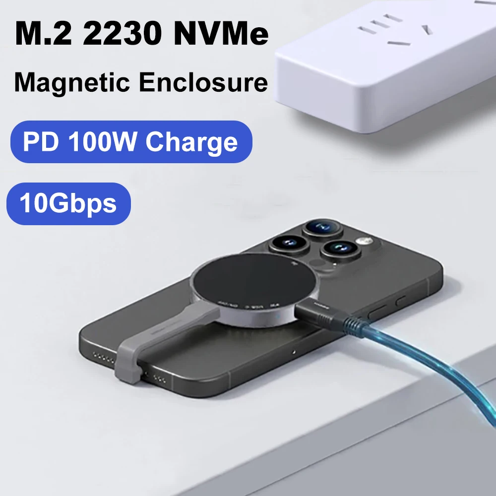 Magnetic 2230 M.2 NVMe SSD Enclosure PD 100W Charge USB 3.2 Gen 2 10Gbps to NVMe PCI-E M2 SSD Case for Laptop iPhone 15 Pro iPad