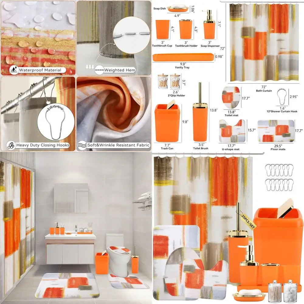 

Orange Themed Bathroom Accessory Set: Shower Curtain, Rugs, Trash Can, Dispenser, and Soap Dish for Stylish Home Decor