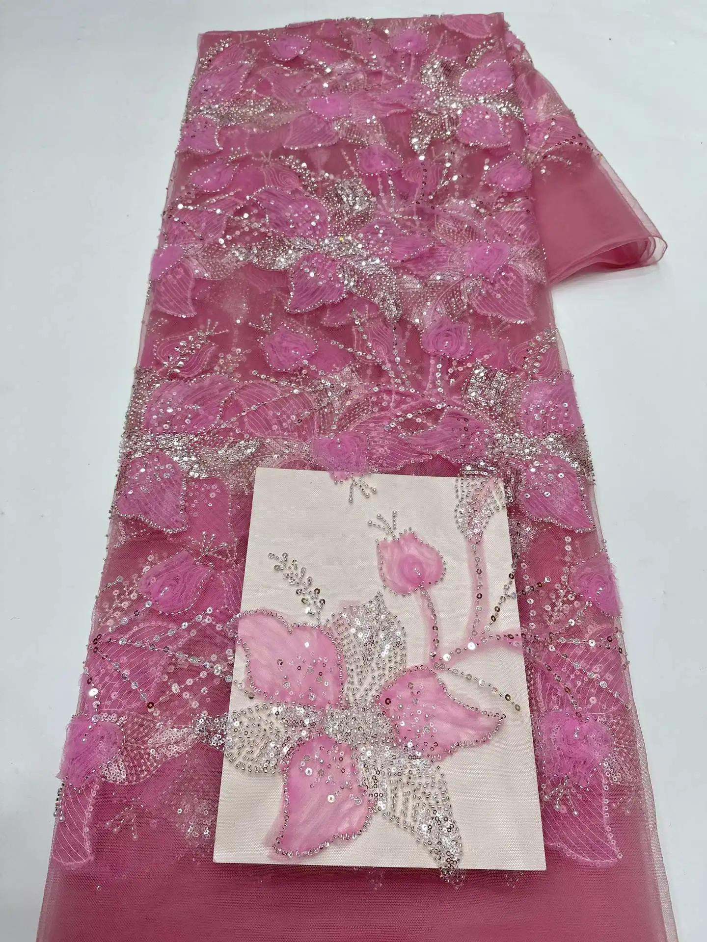 

SJ Lace Pink African Tulle Lace Fabric 2026 Embroidered Mesh Sequins High Quality 5Yards For Bridal Gowns Nigerian Evening Dress