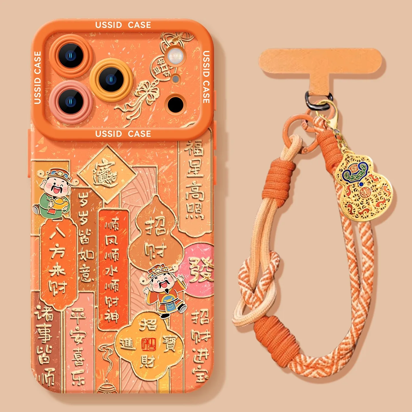 

Оранжевый защитный чехол в китайском стиле с изображением бога богатства и хрустальным браслетом для iPhone 17, Pro 17 Pro 15 Plus 14 13