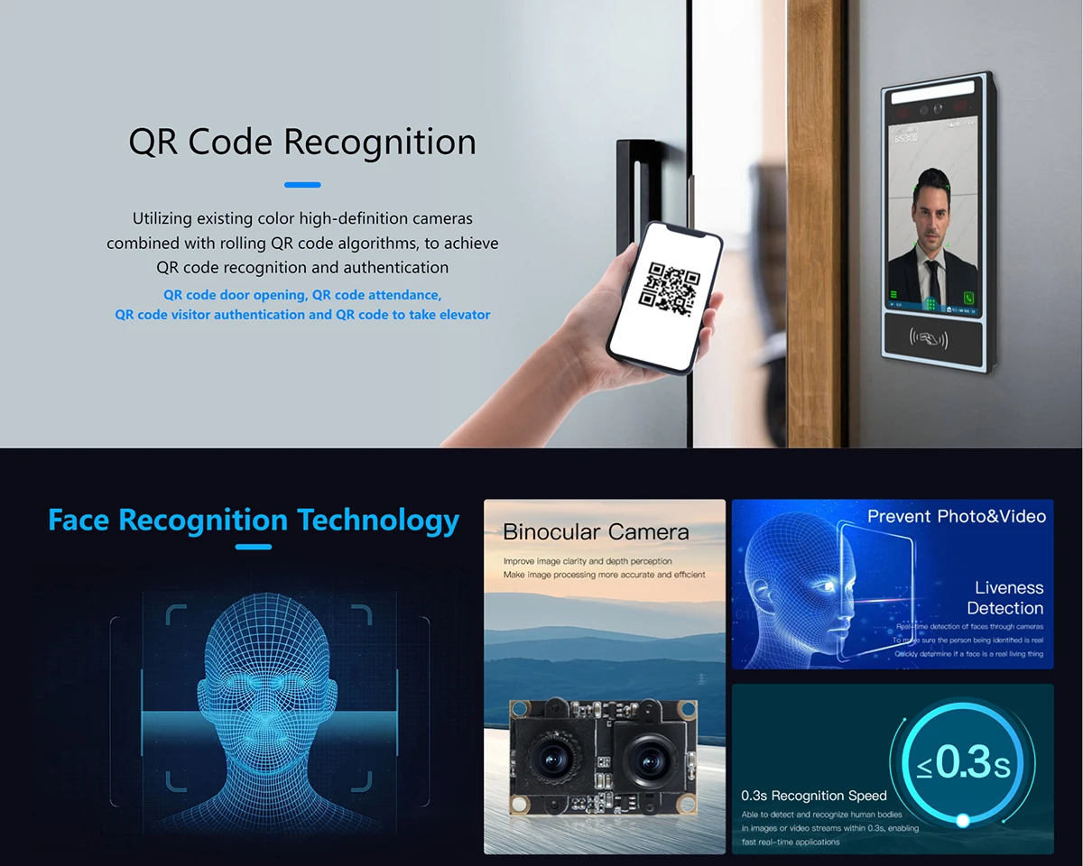 WiFi スマート生体認証顔手のひら QR コード RFID アクセス制御および勤怠管理システム用ワイヤレス ビデオ インターコム