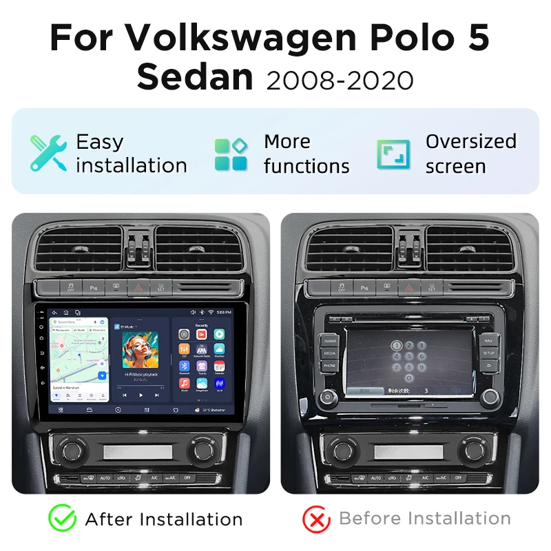 Radio para Auto Junsun de 8 Núcleos con 4G WiFi para VW POLO 5 Sedán 2008 2009 2010 - 2020, Pantalla IPS, CarPlay, Android Auto, GPS, Navegador, Estéreo, SWC, BT, FM, AM, RDS, DSP, 2Din, Mirror Link, Reproductor Multimedia, Chat de Voz con IA, Cámara 360 Opcional, Actualización OTA, Unidad Principal 2