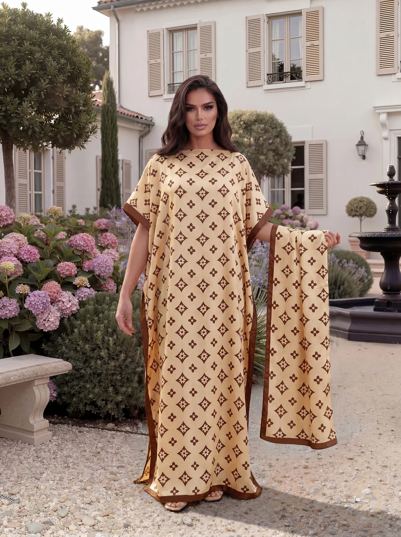 Geometric Floral Abaya with Matching Scarf, Loose Short‑Sleeve Long Robe, Elegant Summer Beach Wear for African Muslim Ladies