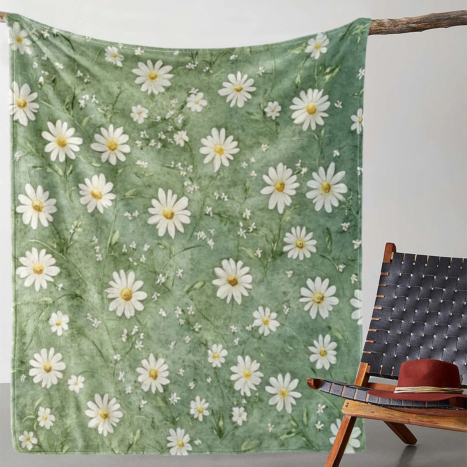 

1 Vintage-Inspired Daisy Print Flannel Blanket - Cozy, Soft, and Warm, Ideal for Sofa, Bed, Car, Office, Camping & Travel