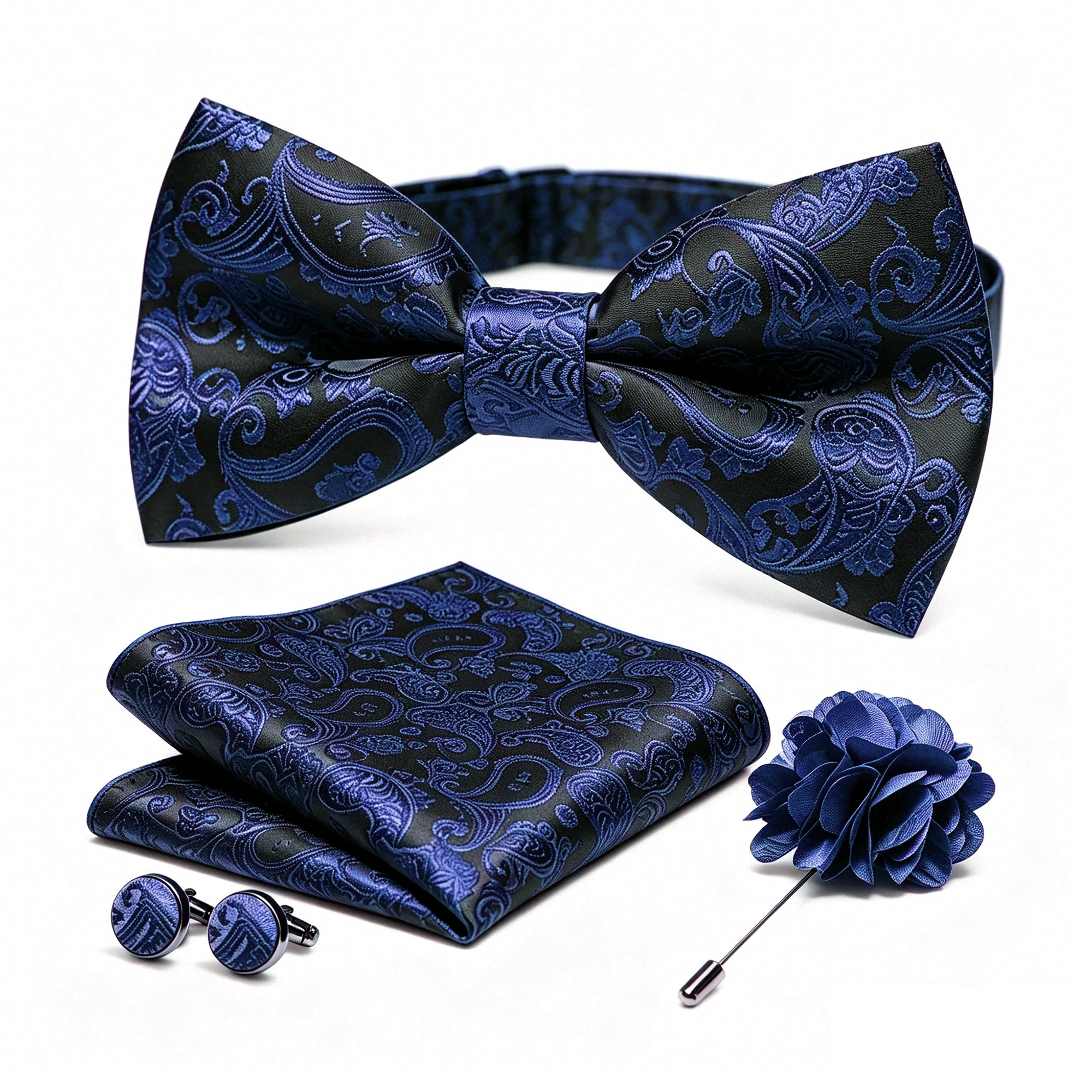 36-teiliges Set: Schwarze Seiden-Jacquard-Paisley Herrenfliege, Brosche, Einstecktuch und Manschettenknöpfe – Vorgebundene Schmetterlingsfliege für Herren, Hochzeit und Business – Detail 12