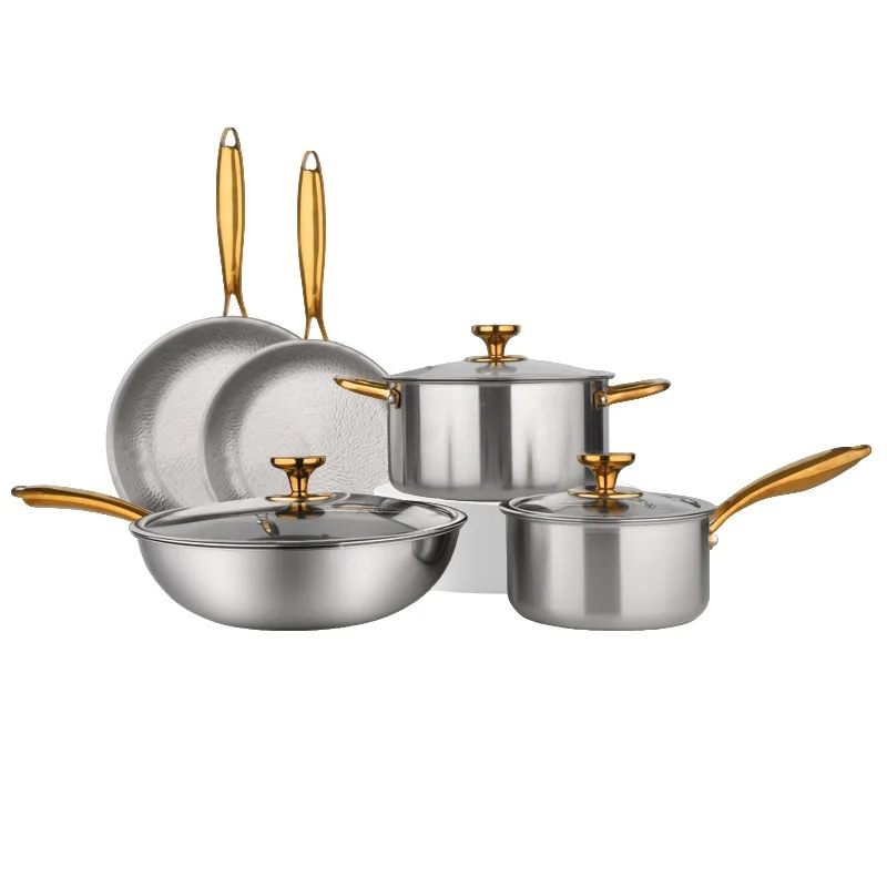 

Pure Titanium Non-Stick Soup Milk Frying Pan Set Modern Design Metal Pot Gold Plated Uncoated