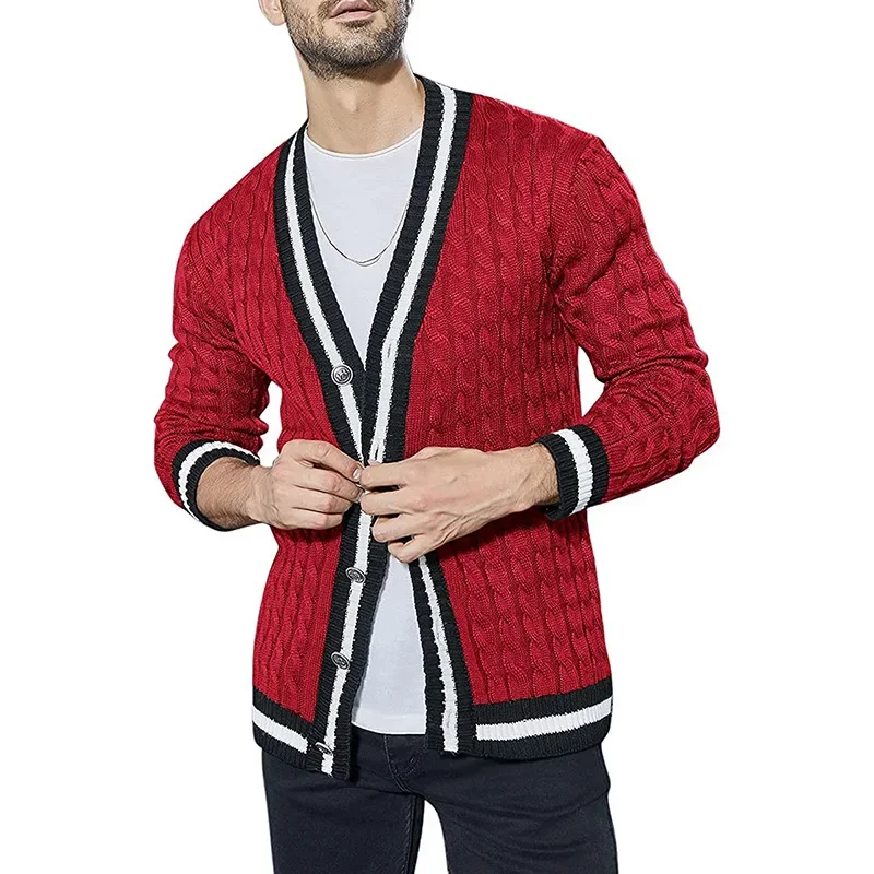 

Men's Fashion Colorblock Cardigan Long Sleeve V-Neck Knit Sweater Spring Autumn Single Breasted Harajuku Knitted Sweater Men