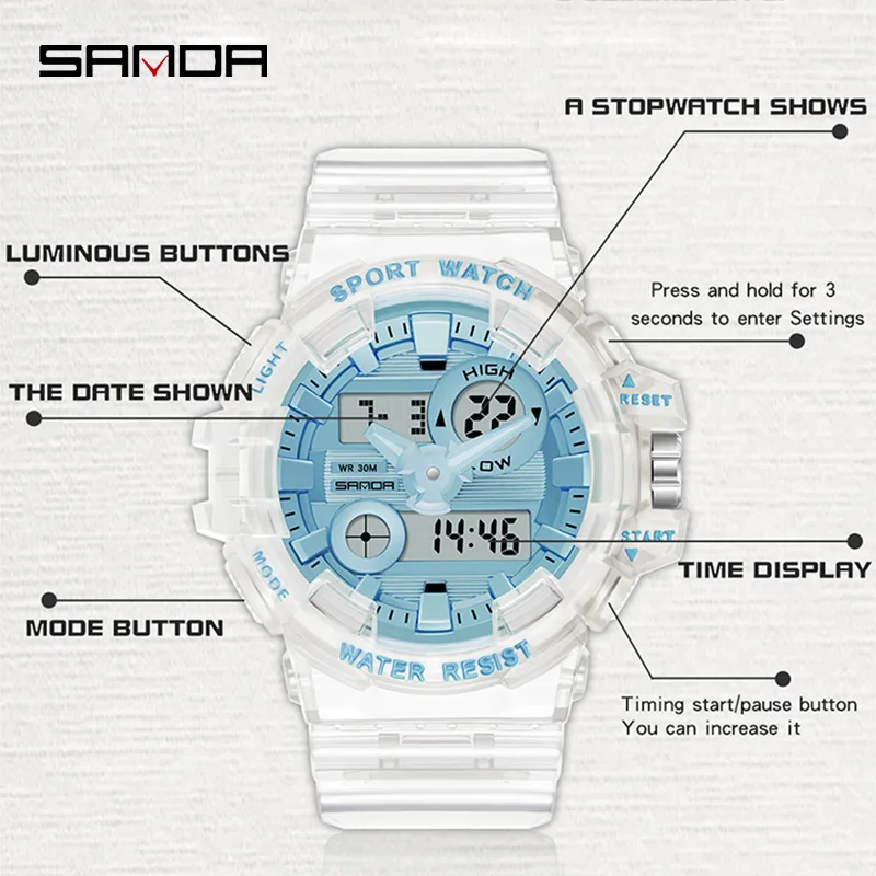 SANDA Fashion Transparent Sport Mens Watch Casual Military Quartz Wristwatch Waterproof Student Clock relogio masculino 3100