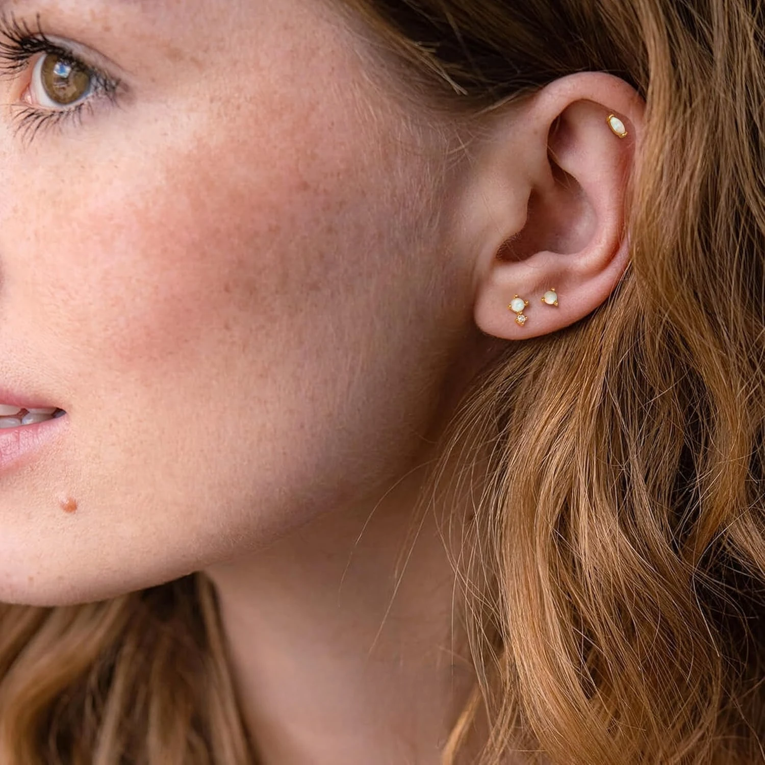 Florideco 3Pcs G23 Titanium Flat Back Earrings Studs 14K Gold Plated Opal Cartilage Helix Piercing Jewelry for Women Men 18G