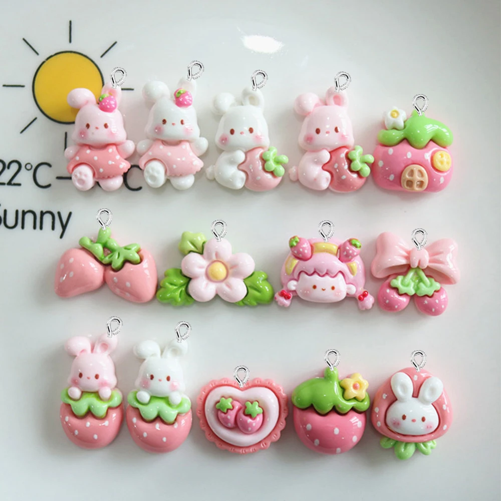 10PCS Shiny Strawberry Rabbit Series Flat Back Charms For Earrings Bracelet Hairpin DIY Jewelry Pendants Decoration Accessories