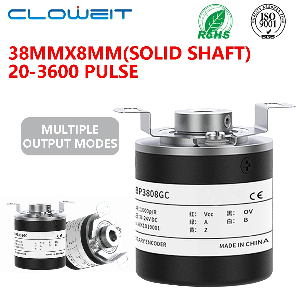 Cloweit 38mm Incremental Rotary Encoder 8mm Half Hollow Shaft Photoelectric Optical Switch 10-1024-1800-2500-3600 PPR 5-24VDC