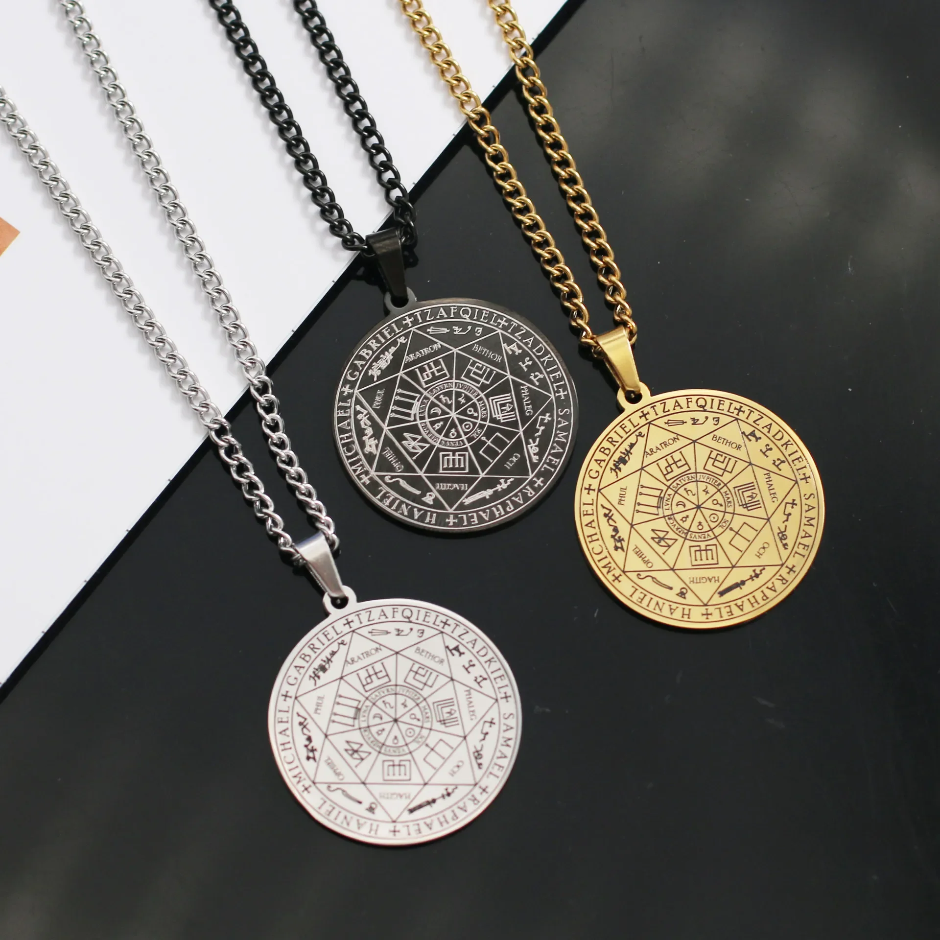 Seven Archangels Sigil Talisman Necklaces Men Boys Seal of Solomon Pendant Chain Stainless Steel Religious Amulet Jewelry