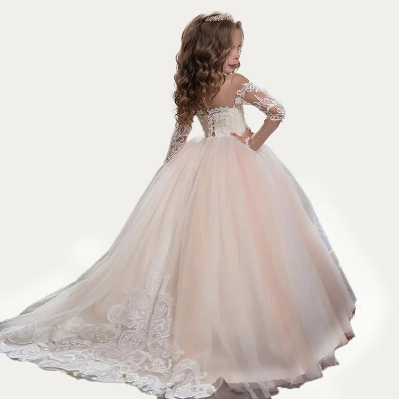 Vestido de niña de flores de color champán, elegante vestido de tul de manga larga con apliques, vestido de boda de princesa, baile de cumpleaños para niños