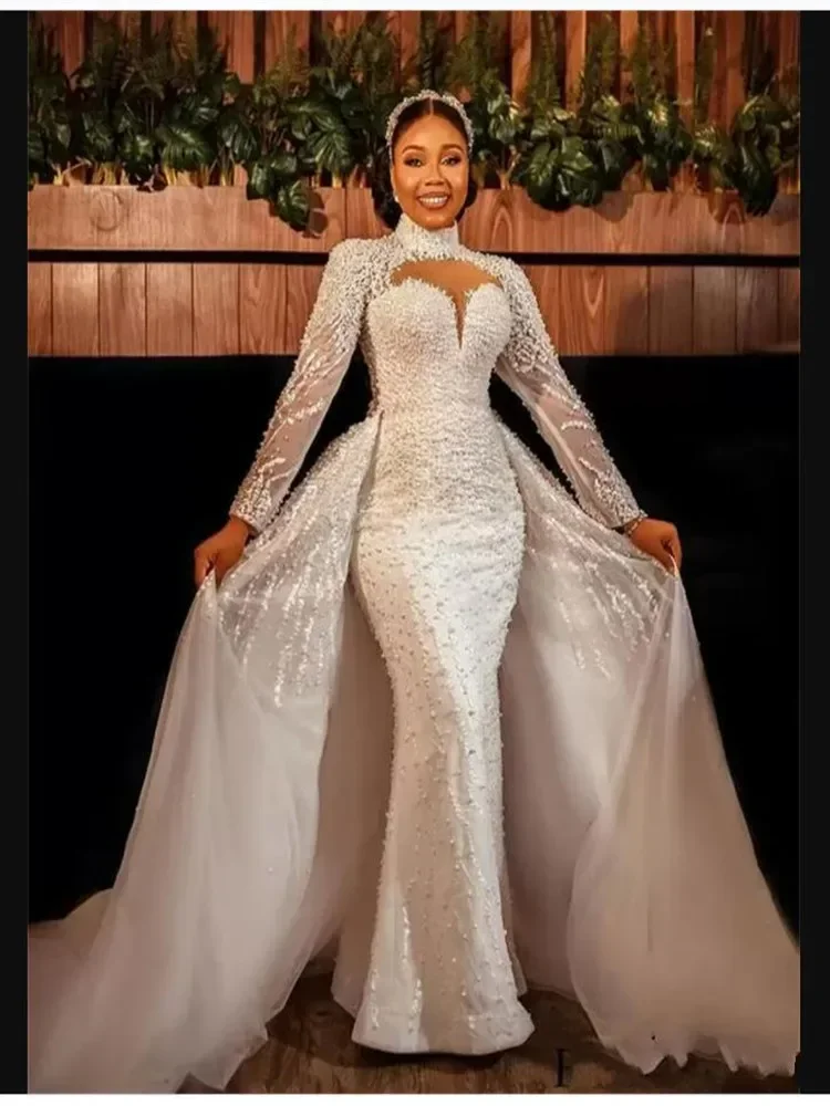 Customized Modern Lace Mermaid Long Sleeve Wedding Dress Detachable Train Beaded Mermaid Coset Back Robe De Mariee Bridal Gown
