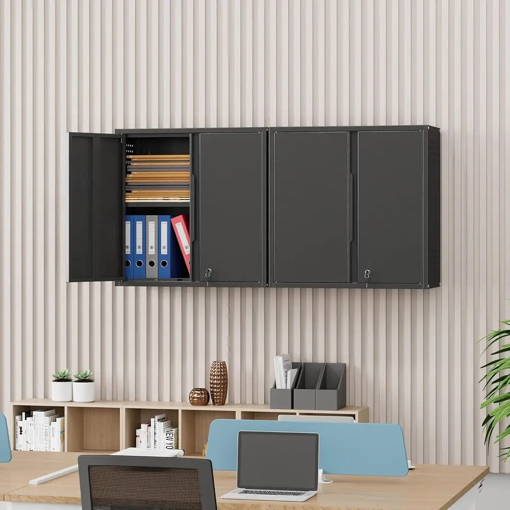 Garage Wall Cabinet, Metal Garage Cabiwith 2 Doand Adjustable Shel, Lockable loating Tool Cabinet with Pegboard, Black Steel Wal