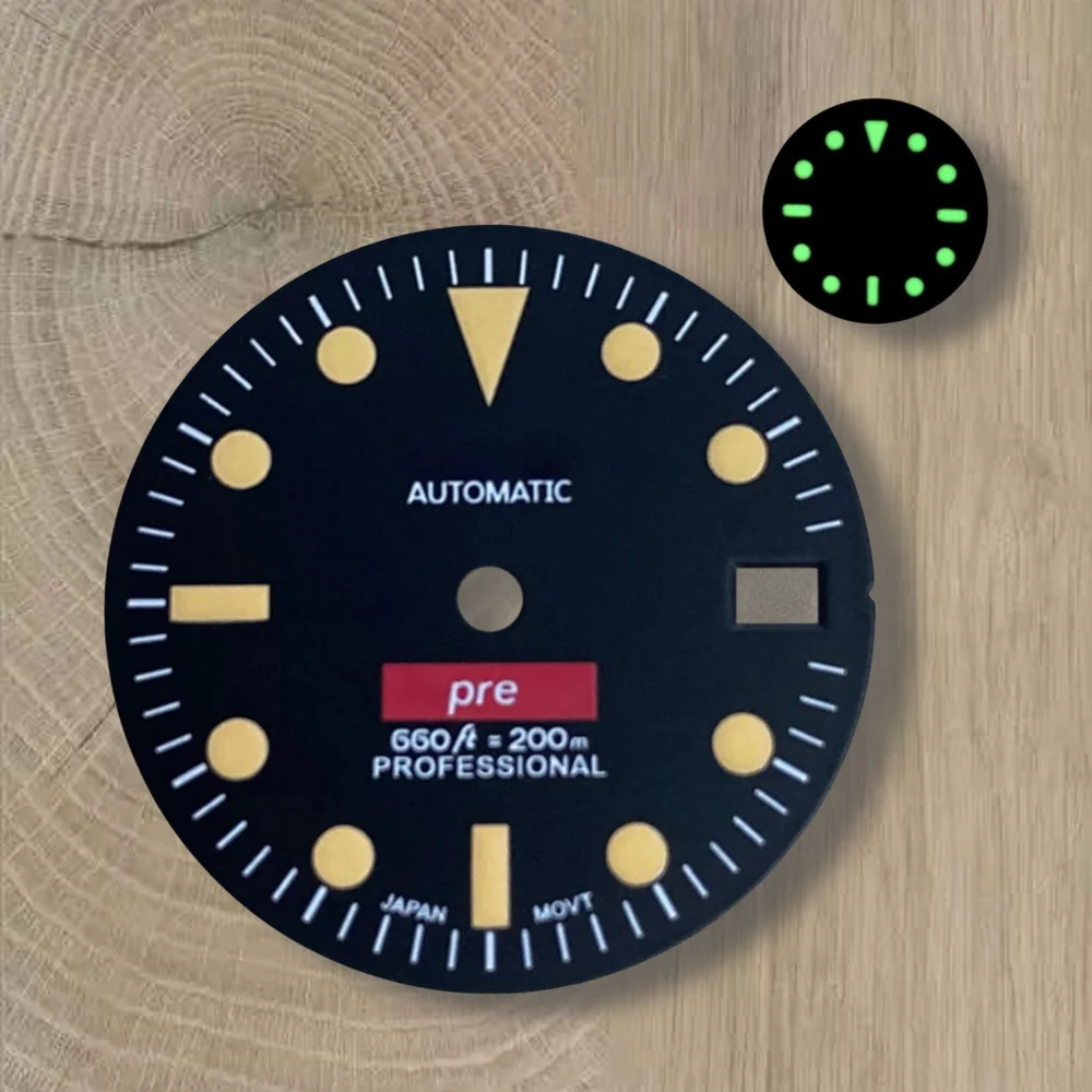 28.5mm Retro SUB Dial S Logo NH35 Dial Fit 3/3.8/4.2 O'clock Crown Green Luminous Watches Accessories For NH35/NH36 Movement