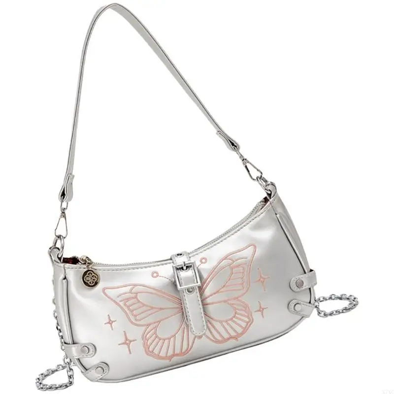 

X7XC Harajuku Chain Crossbody Bag PU Leather Embroidery Butterfly Underarm Bag Purse