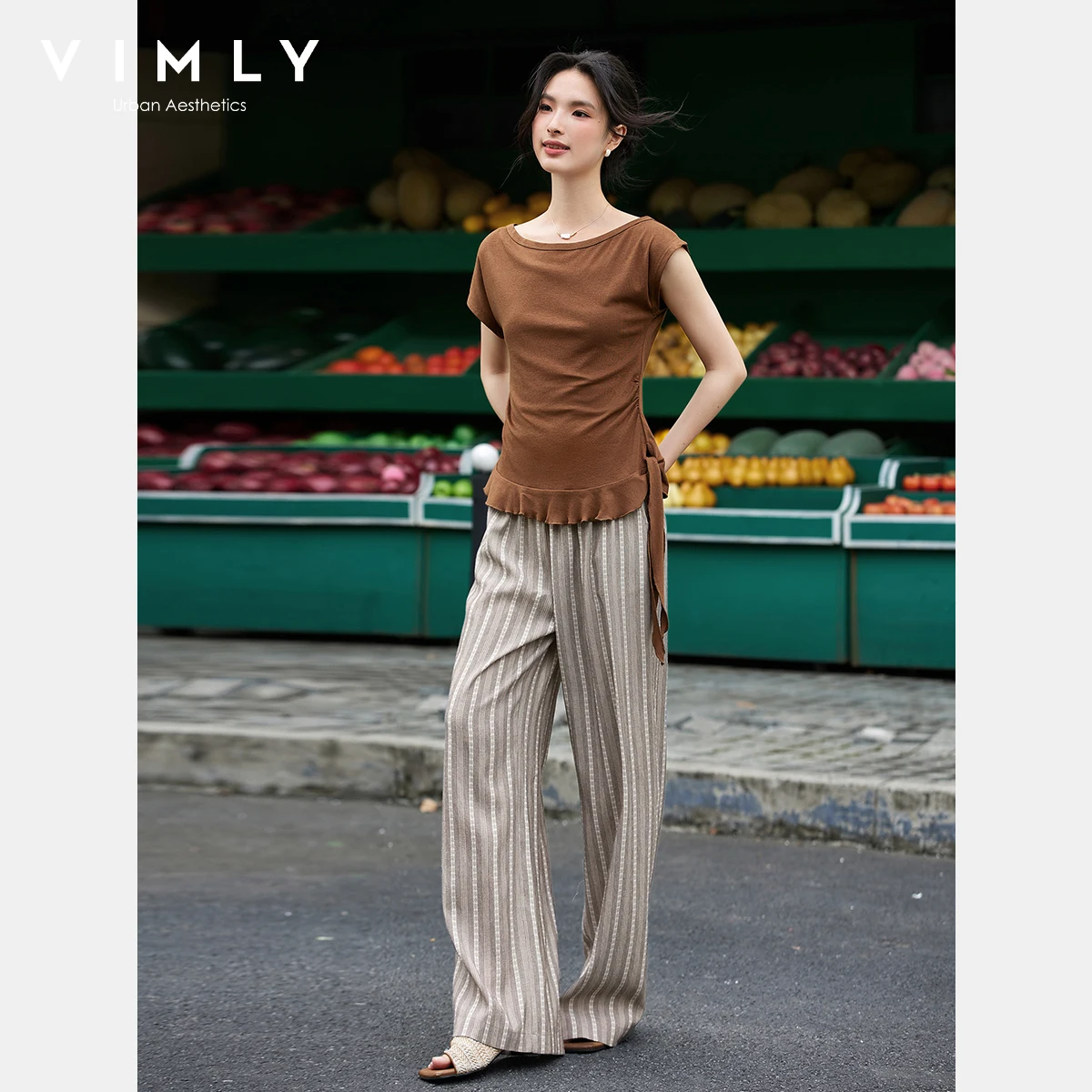 

VIMLY Women's Summer Trouser Suit 2025 Elegant Pleat Slash Neck Brown Short Sleeve Tops Striped Straight Pants Ladies Set A2697