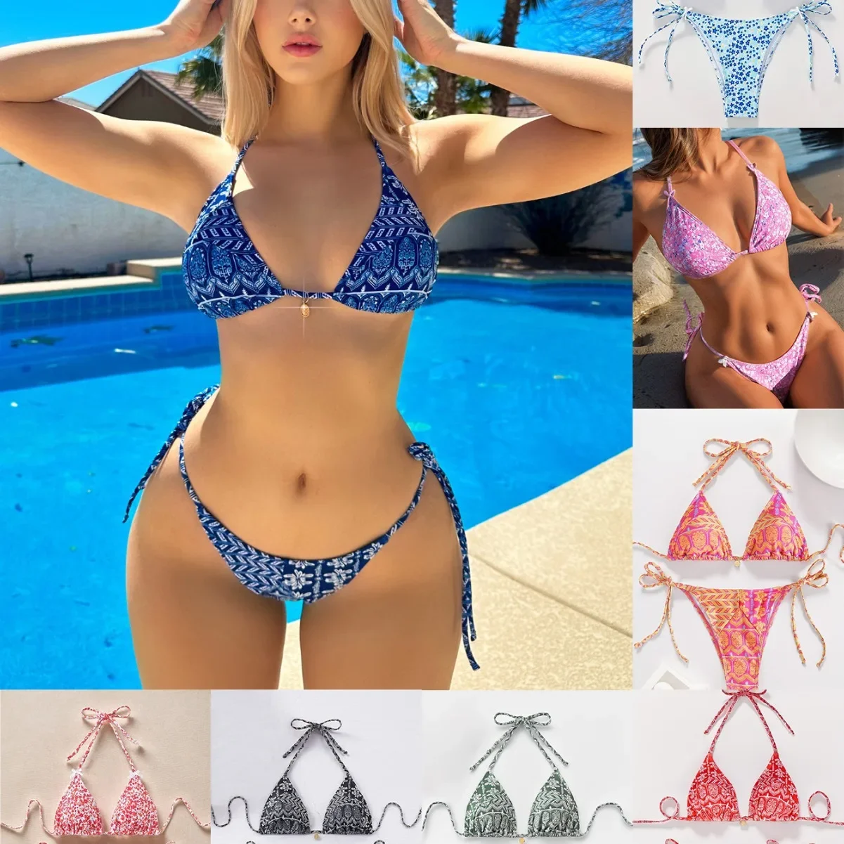 2026 Swimsuit Women Floral Printed Sexy Bikini Set Lace Up Beachwear Halter Swimsuit Summer Two-pieces Bathing Suit Biquinis