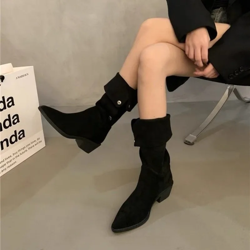 

2023 Winter Shoes for Female Slip-on Women's Mid-Calf Boots Pointed Toe Square Heel Women's Shoes Turned-over Edge Ladies Boots