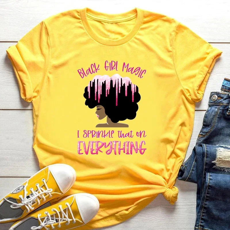 Damskie codzienne koszulki T-shirty letnie nowa moda melanina czarnoowłosie dziewczyny graficzny nadruk żółta koszulka damska z krótkim rękawem z nadrukiem kreskówkowym