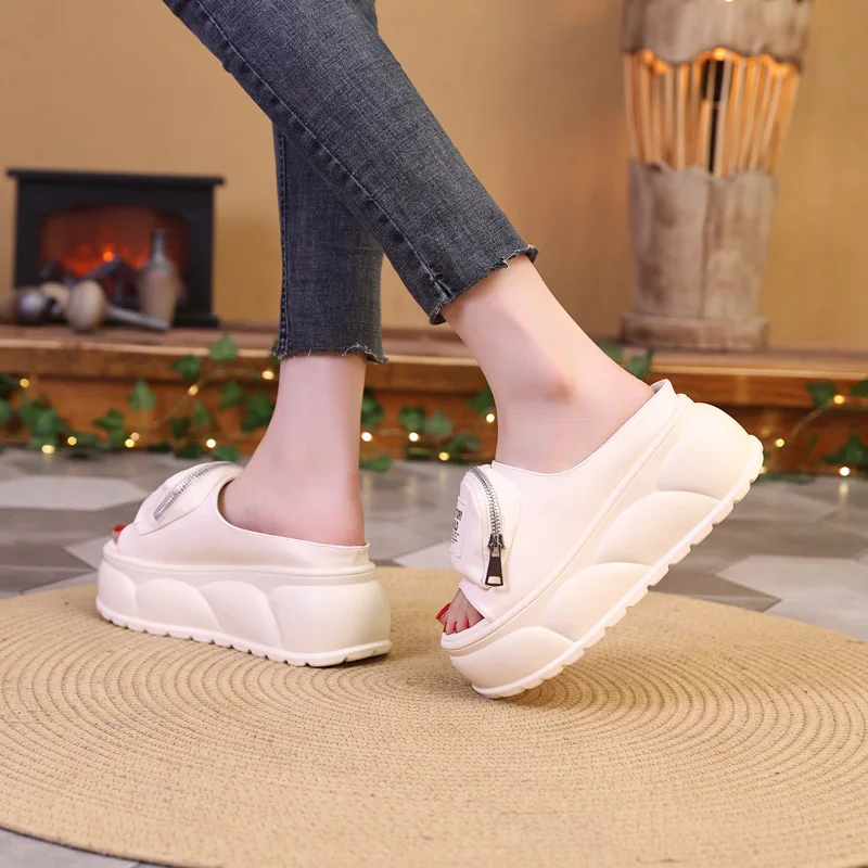 New platform mules slippers women's concise chunky slides shoes outdoor slippers woman silver zipper clogs ladies high slippers