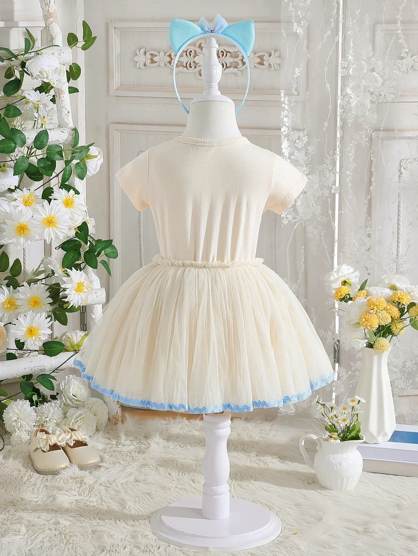 فستان أميرات ميكي ماوس بأكمام قصيرة من ديزني للبنات ، تنورة شبكية منتفخة للأطفال ، تنورة بيضاء ثلجية ، أطفال في الصيف