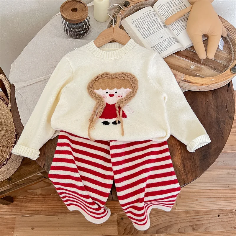 Autumn Winter Kid Baby Girl 2PCS Sweaters Set Cotton Knitted Cartoon Girl Pullovers Striped Wide Leg Pant Suit Child Girl Outfit