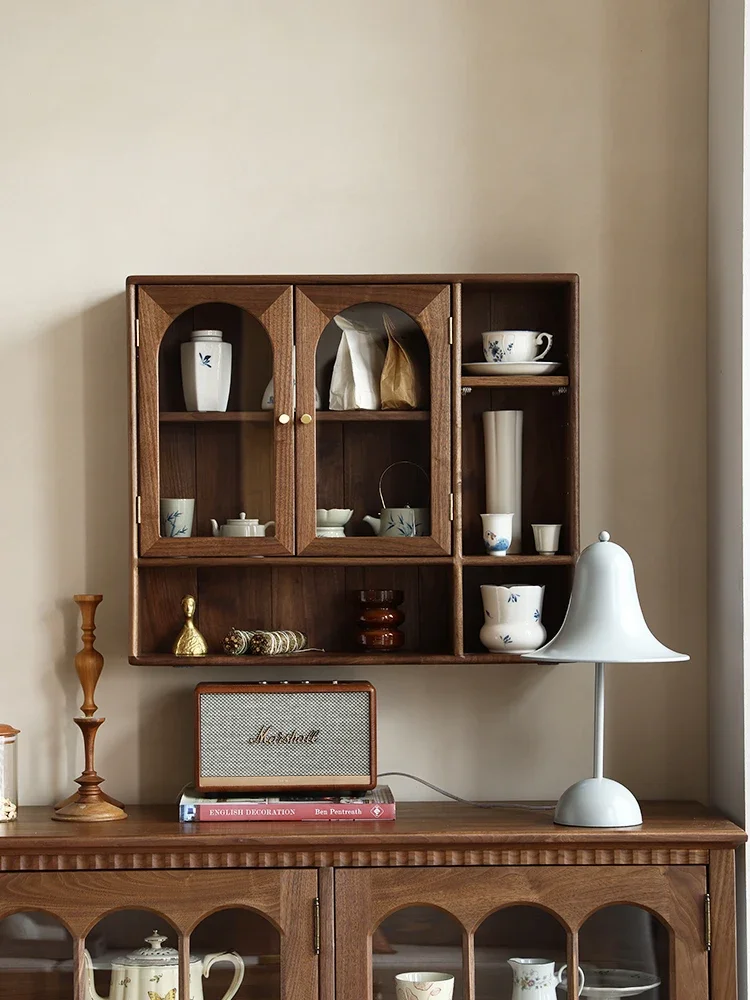 Black walnut home wall cabinet cup holder display cabinet retro style wall wall cabinet display rack desktop figure