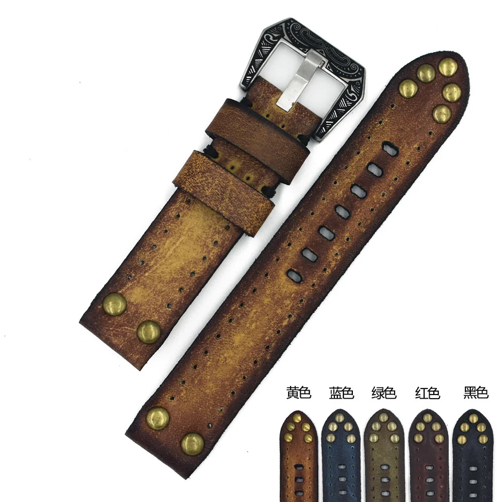 uhgbsd Handmade RetRo Polished Leather With Rivets Strap 18 20 22 24mm Large Carved Buckle Watchband Bracelet Accessories