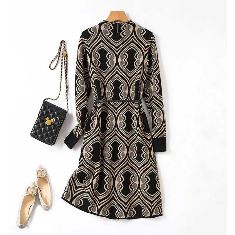 Women Jacquard Knitted Loose Dress Daily Casual Loose Vintage Fashion Belt Vestidos Winter Chic O-neck Sweater Dresses