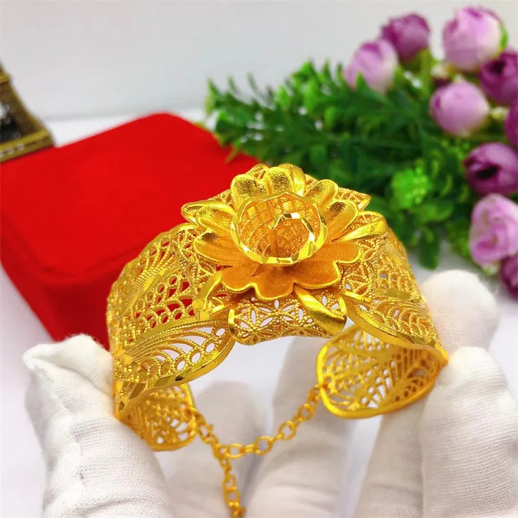 AU999 24K Gold Vietnamese Chain Flower Women's Bracelet - Open Design + Petal Micro-Inlay Craft, Daily Commute Versatile Elegant
