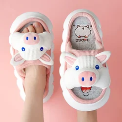 Women Linen Slippers Cute Pig Cotton Slippers Non Slip Sweat-absorbing Linen Cloth Soft Thick Sole Winter Winter Home Slippers